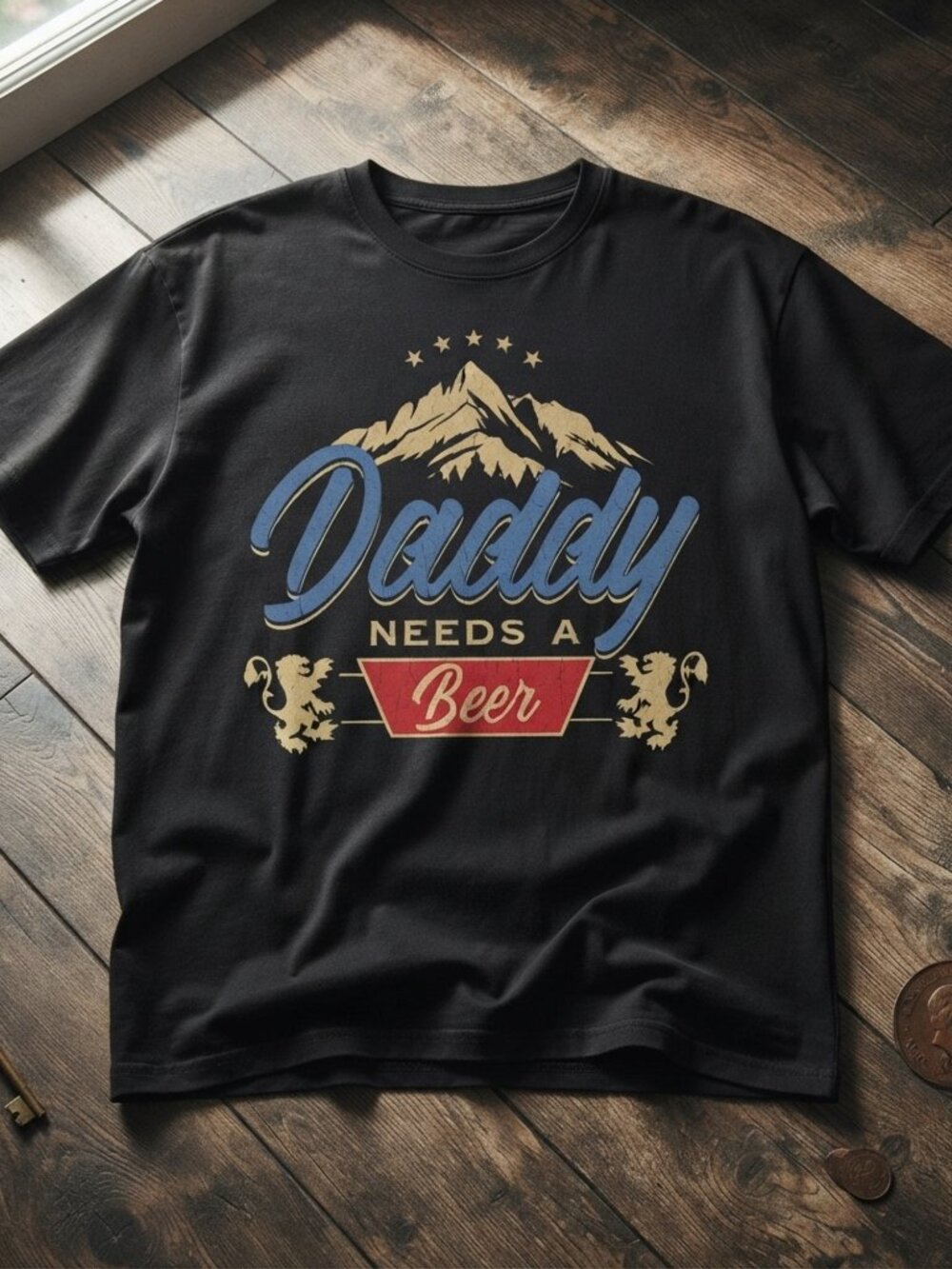 Daddy Needs A Beer Vintage Mountain Graphic Black T-Shirt